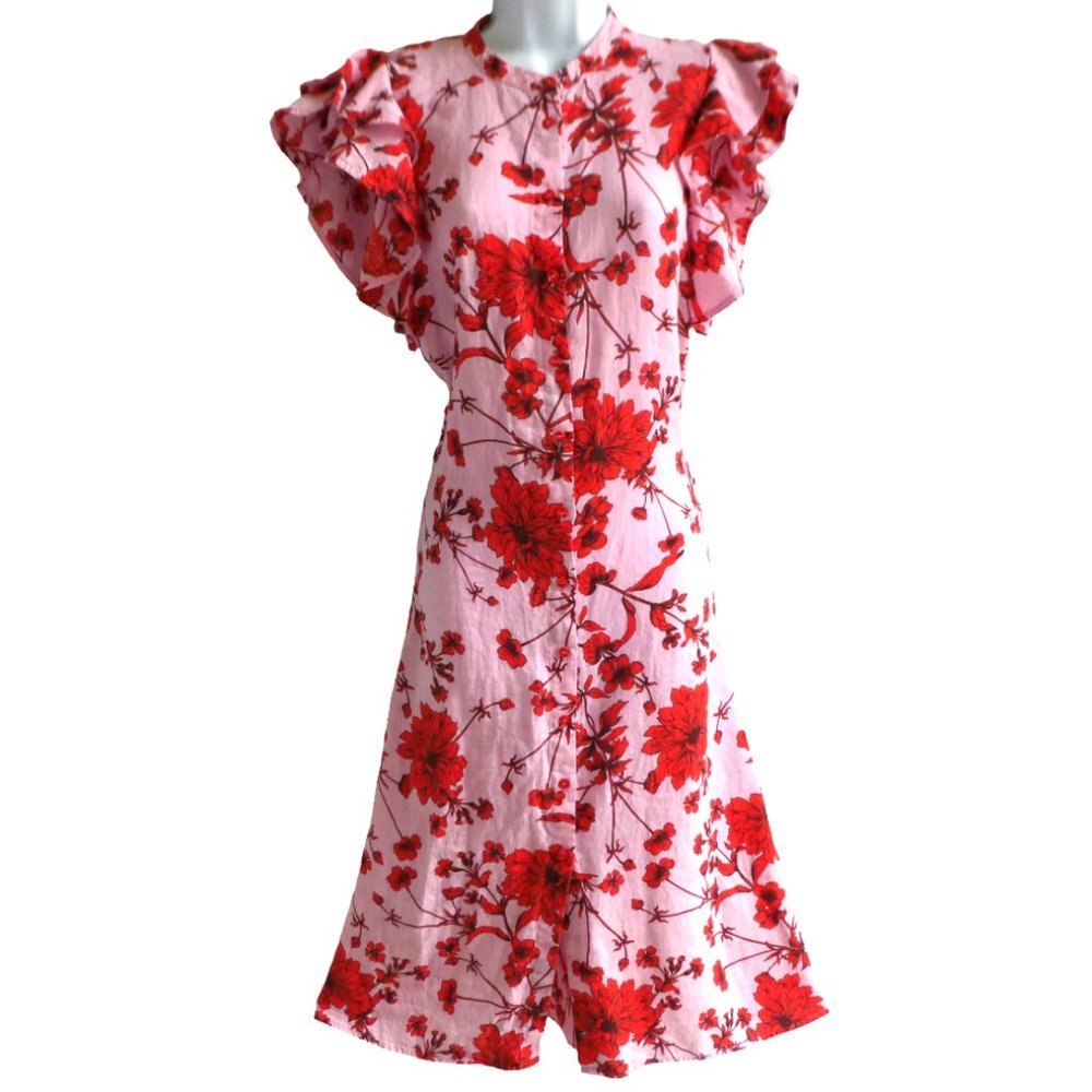 LiNeN Zara Floral Dress Red Pink Bloggers Favorite Ruffled Sleeve Button Front S